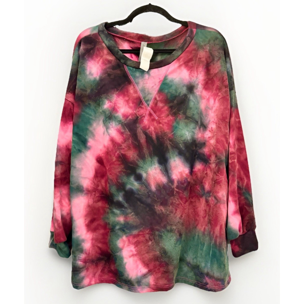 🌺 HONEYME Curvy XXL Tie-Dye Cozy Long Sleeve Top – Pink & Green Oversized